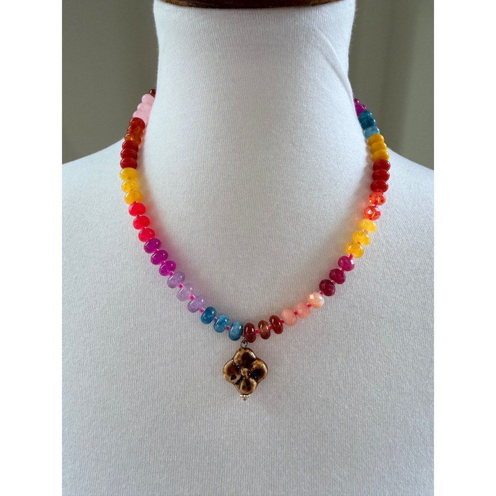 Natural Life Rainbow Beaded Necklace Ceramic Flower Pendant Multicolor 17-20in